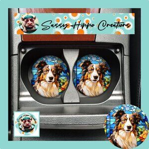 Car Coasters Collie Dog Puppy Stained-Glass Set of 2 Neoprene Absorb Sublimated